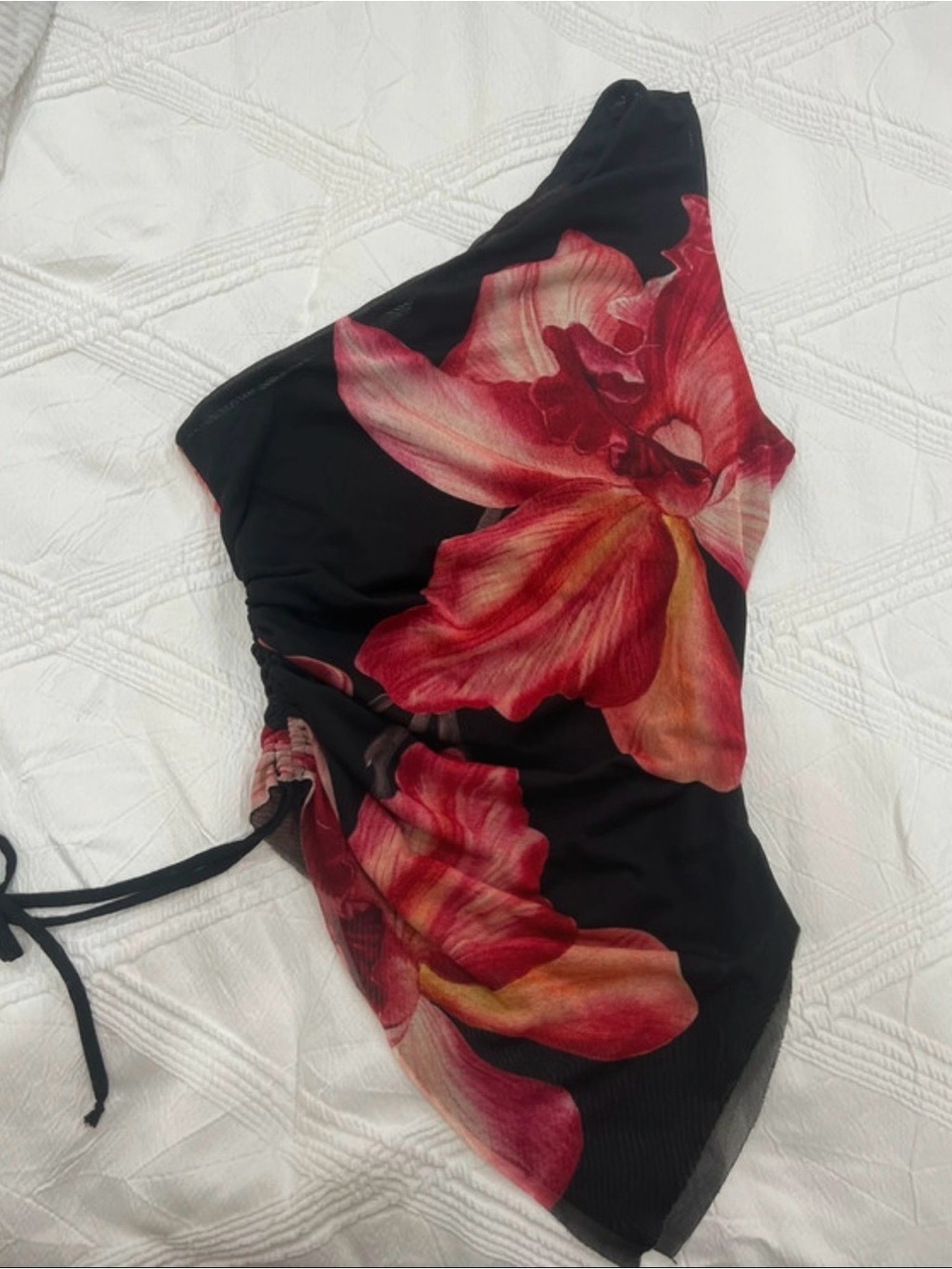 Miss Lola Black One-Shoulder Top with Red Floral Accent